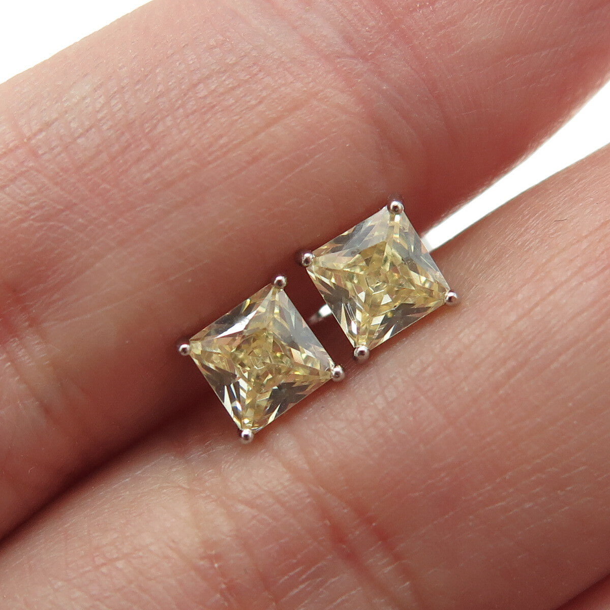 925 Sterling Silver Princess-Cut Canary C Z Stud Earrings