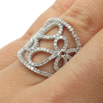 925 Sterling Silver Real Round-Cut Diamond Floral Cross Ring Size 7