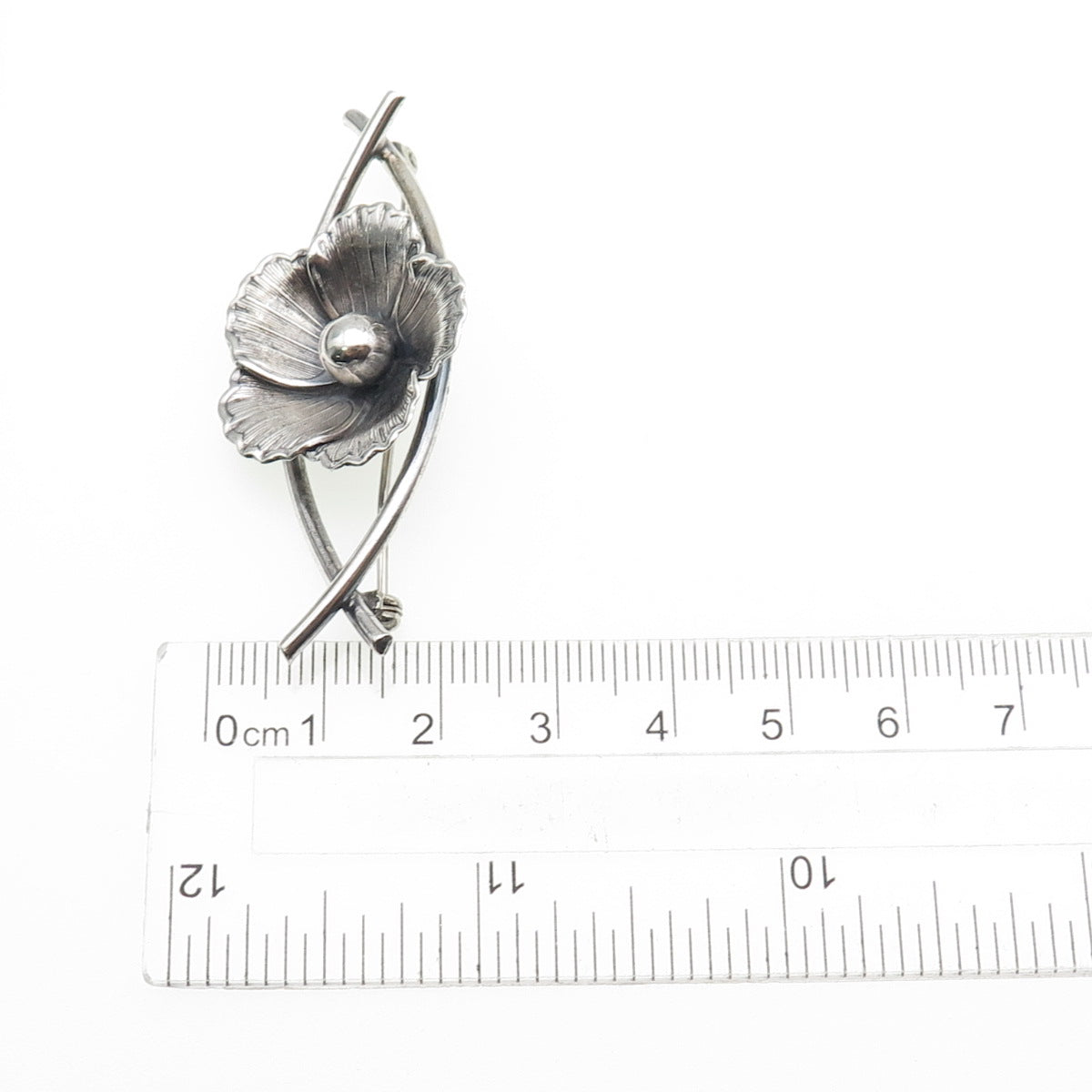 BEAU 925 Sterling Silver Antique Art Deco Flower Blossom Oxidized Pin Brooch