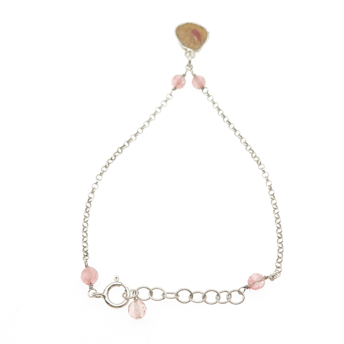 925 Sterling Silver Vintage Real Rose Quartz MOP Inlay Rolo Link Bracelet 6.5-8"
