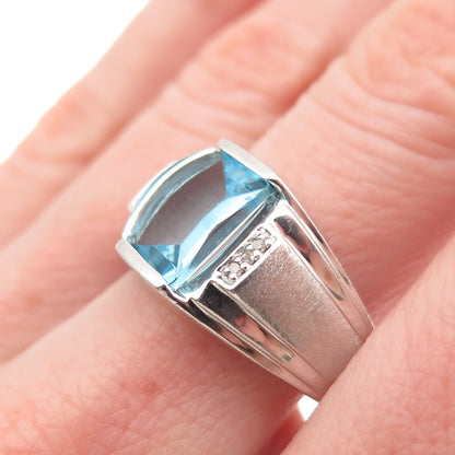 925 Sterling Silver Real Diamond & Blue C Z Modernist Ring Size 10.25