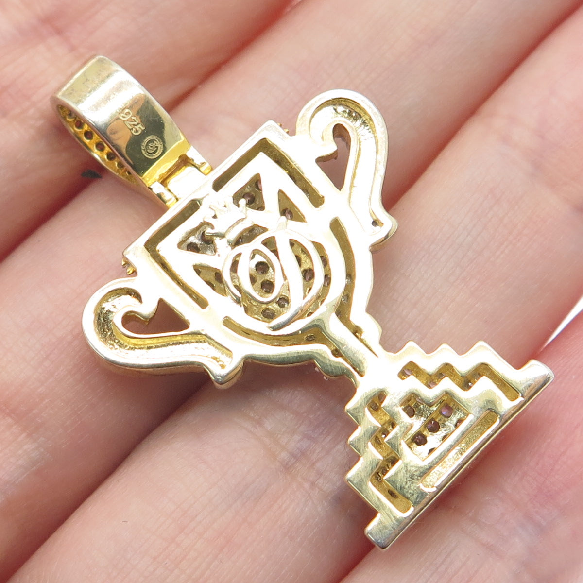 925 Sterling Silver Gold Plated Round-Cut C Z World / Champion Trophy Pendant