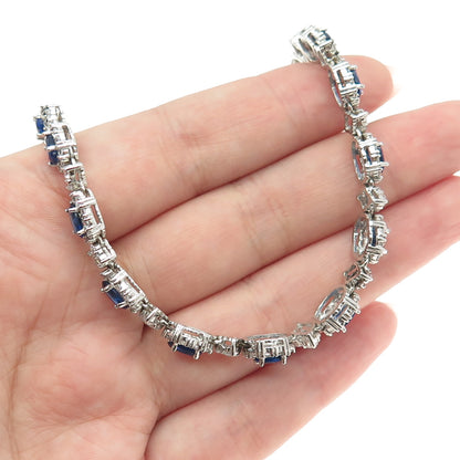 AMC Jewelry 925 Sterling Silver Blue & White C Z Bohemian Chain Necklace 16"