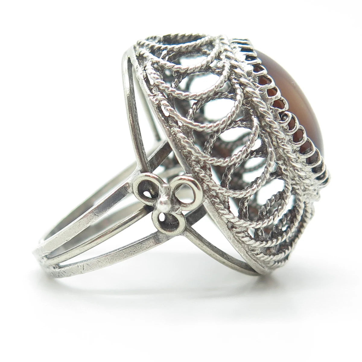925 Sterling Silver Vintage Cat's Eye Imitation Filigree Statement Ring Size 8.5
