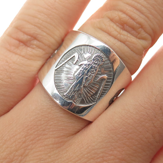 925 Sterling Silver Vintage Santa Muerte Oxidized Ring Size 7.25