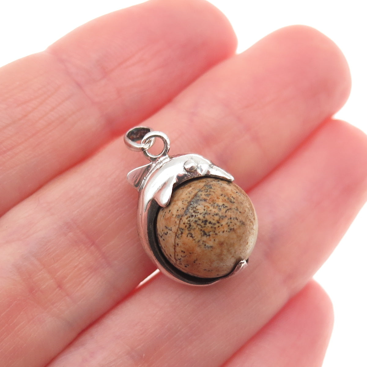 925 Sterling Silver Vintage Real Jasper Dolphin Mini Charm Pendant