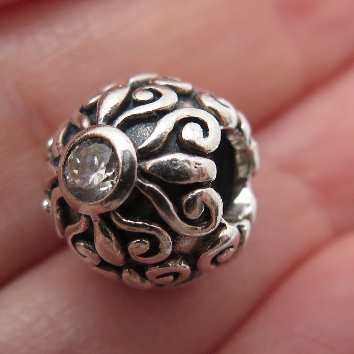 CHAMILIA 925 Sterling Silver Round-Cut C Z Flower Oxidized Bead Charm