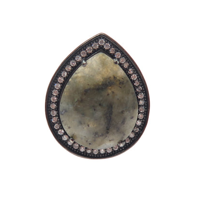 925 Sterling Silver Black Rhodium Real Labradorite & C Z Teardrop Ring Size 9.25