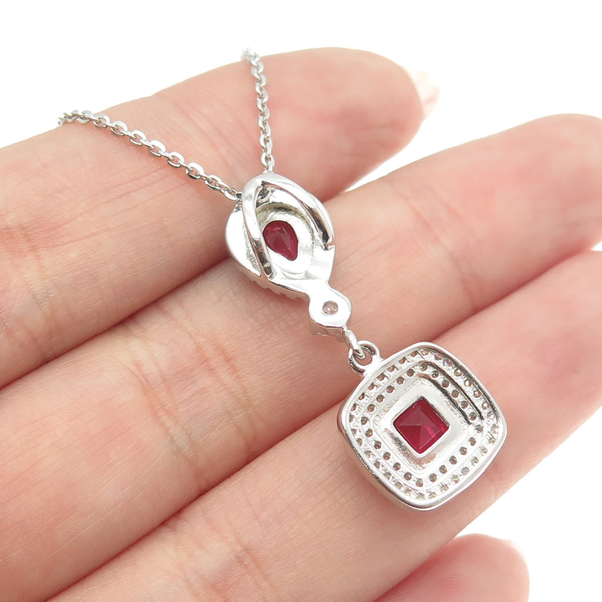 925 Sterling Silver Multi-Cut Pink & White C Z Cable Chain Necklace 16"