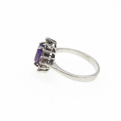 925 Sterling Silver Vintage Real Oval-Cut Amethyst & Round-Cut C Z Ring Size 6
