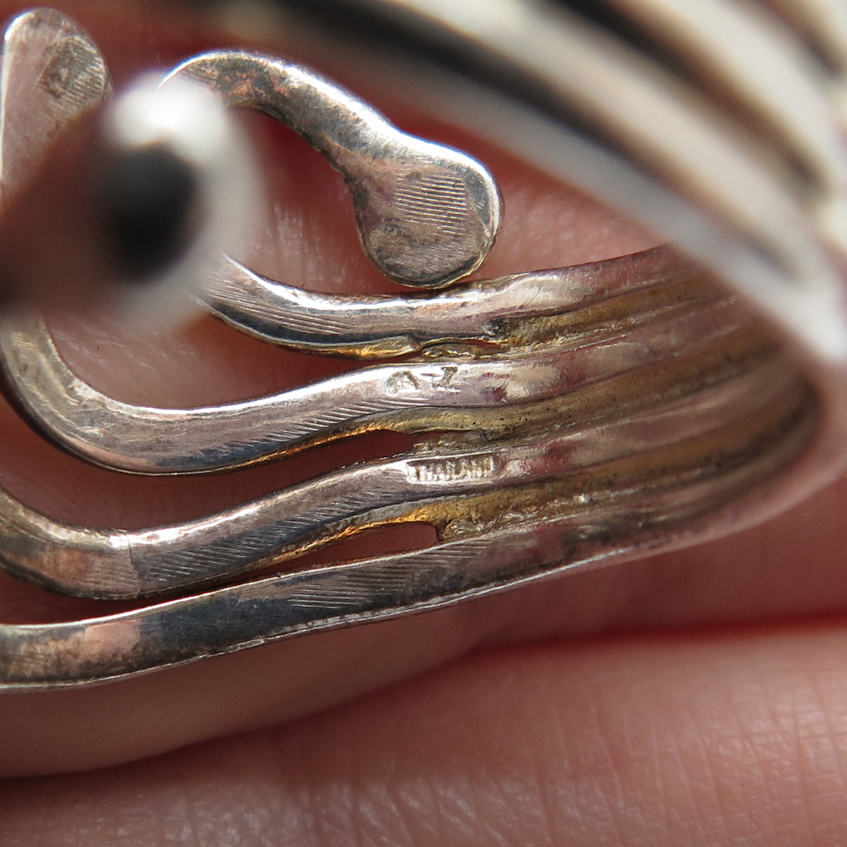 925 Sterling Silver Vintage Modernist Beaded Bypass Adjustable Ring Size 10.75