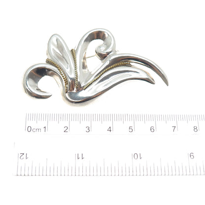 LATON 925 Sterling Silver 2-Tone Vintage Mexico Modernist Floral Pin Brooch