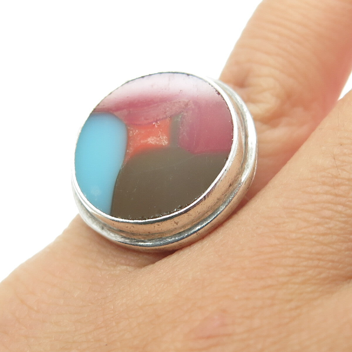 925 Sterling Silver Vintage Murano Glass Modernist Ring Size 6