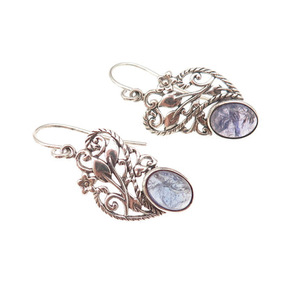 925 Sterling Silver Vintage Real Tanzanite Floral Oxidized Dangle Earrings
