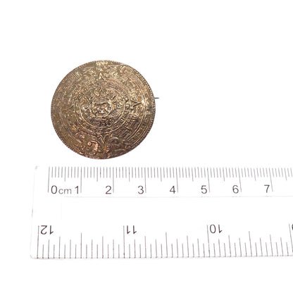 925 Sterling Silver 2-Tone Vintage Mexico Mayan Calendar Pin Brooch / Pendant