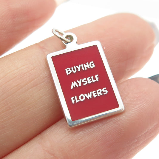 925 Sterling Silver Red Enamel "Buying Myself Flowers" Minimalist Charm Pendant