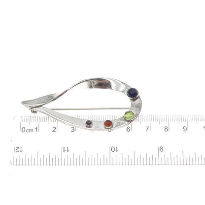 925 Sterling Vintage Real Agate Amethyst Tourmaline & Peridot Modernist Brooch