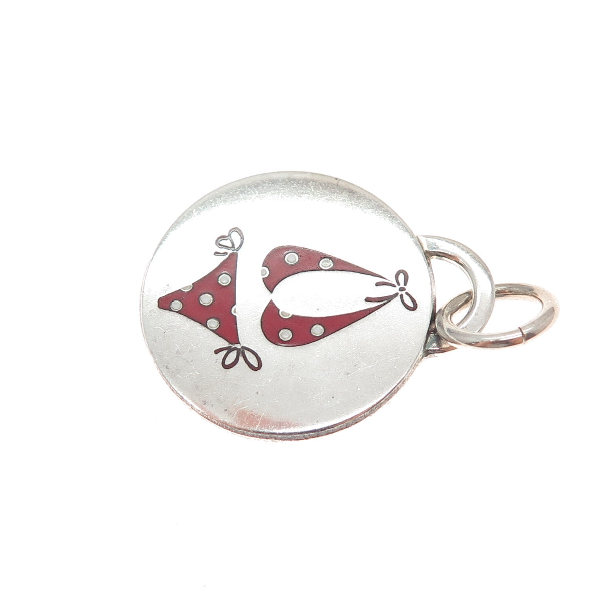 925 Sterling Silver Vintage WW Artisan Red Enamel Bikini Charm Pendant