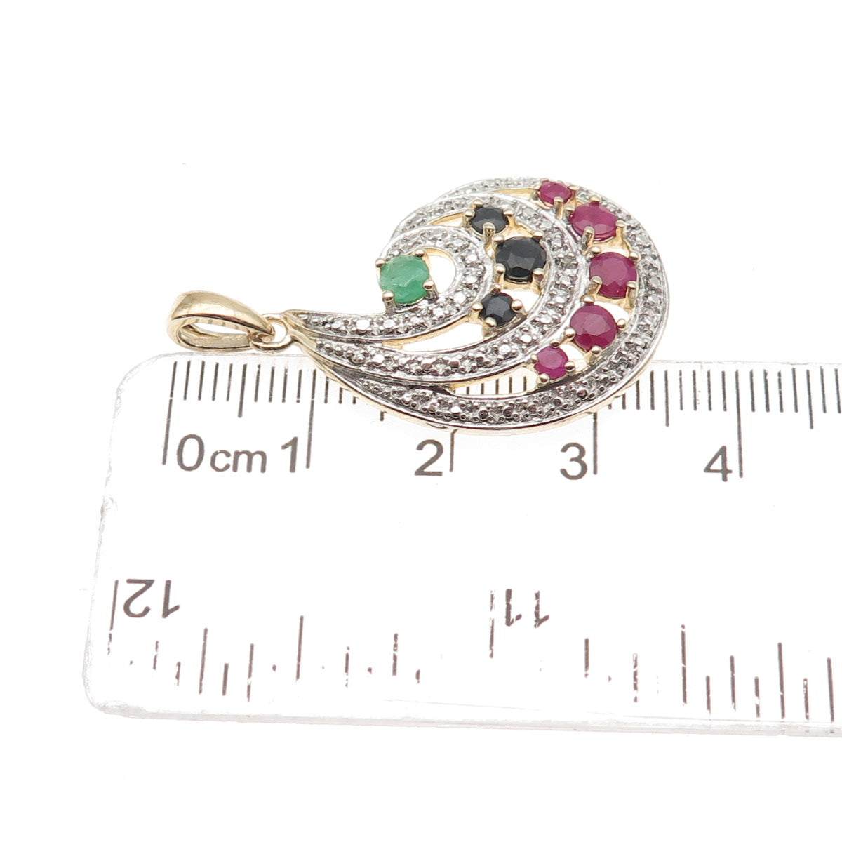 Ross Simons 925 Sterling Real Diamond Accent Ruby Sapphire Emerald Flame Pendant