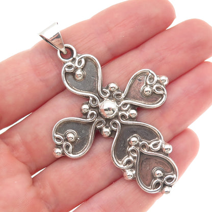 925 Sterling Silver Vintage Mexico Heart Ornate Cross Oxidized Pendant