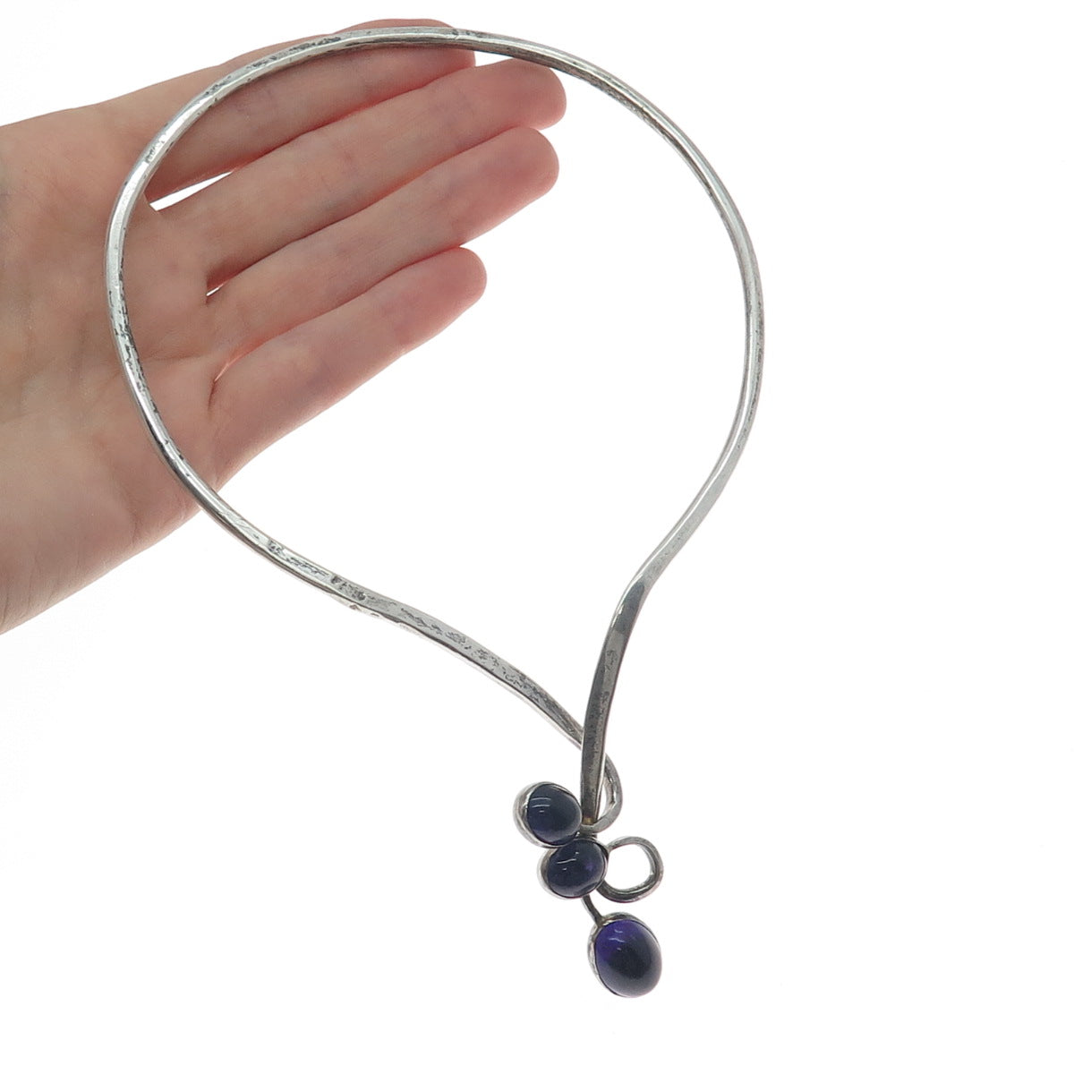 925 Sterling Silver Vintage JTL Israel Amethyst Modernist Choker Necklace 14"