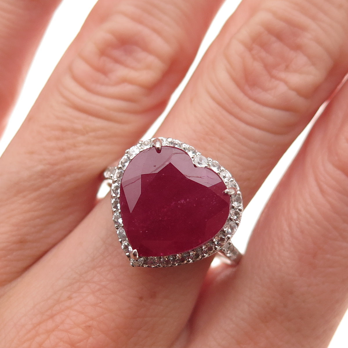 Chuck Clemency 925 Sterling Silver Real Ruby & White Topaz Heart Ring Size 10
