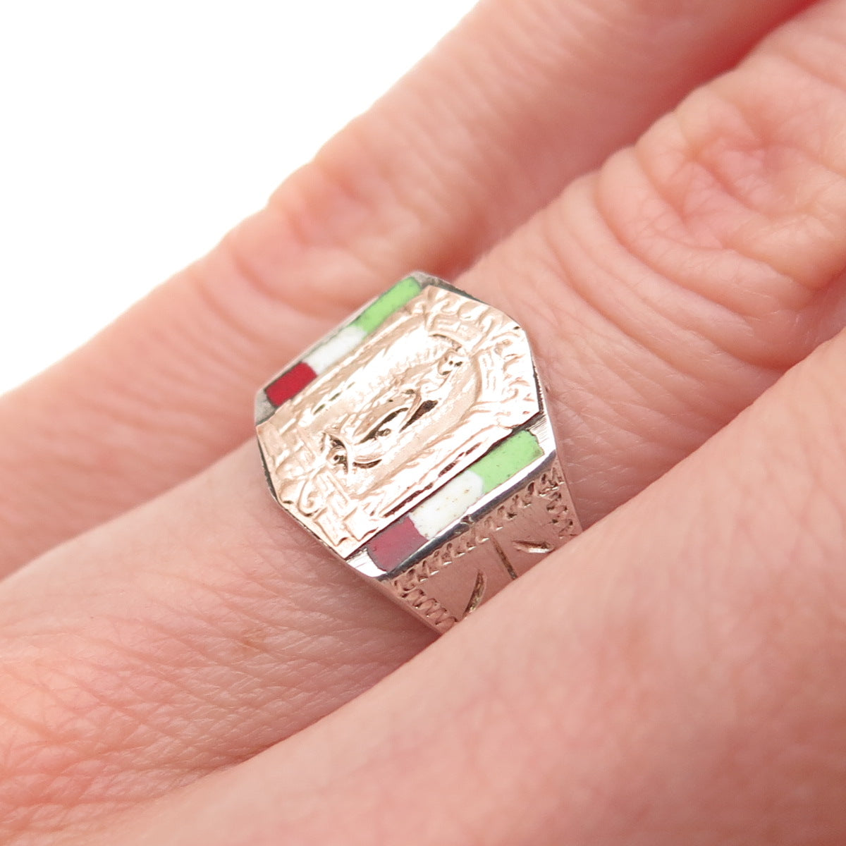 925 Sterling Silver 10K Gold Antique Art Deco Enamel St. Mary Ring Size 4.75