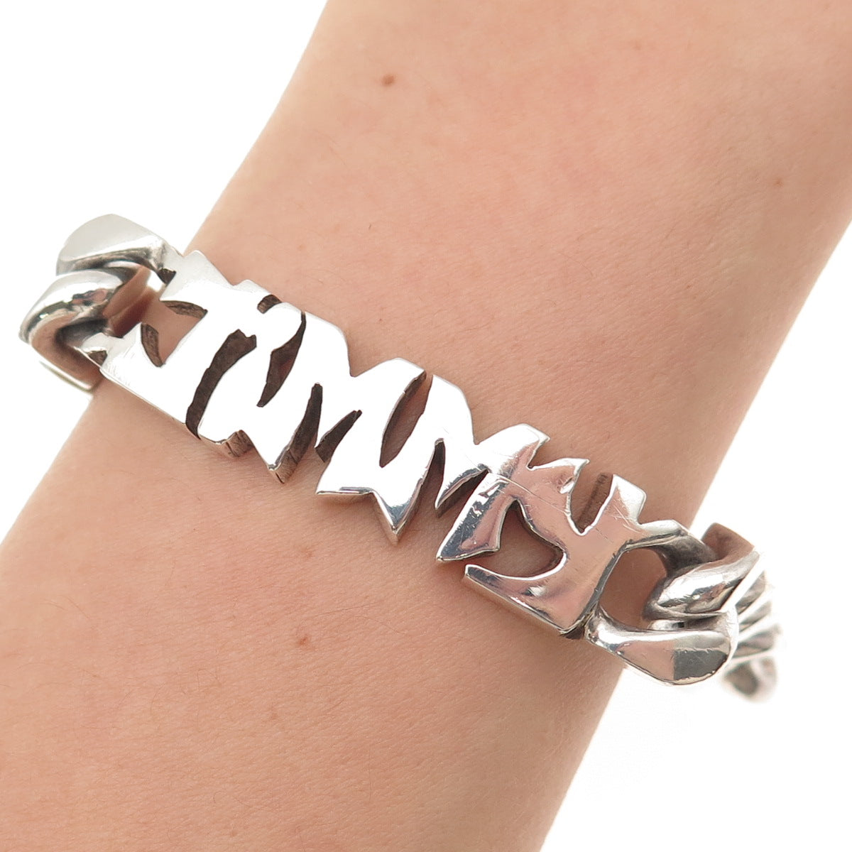 800 Silver Vintage Egypt Jimmy Name Cuban Link Bracelet 7.75"