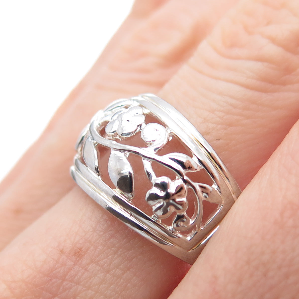 925 Sterling Silver Vintage Flower Scroll Ring Size 8
