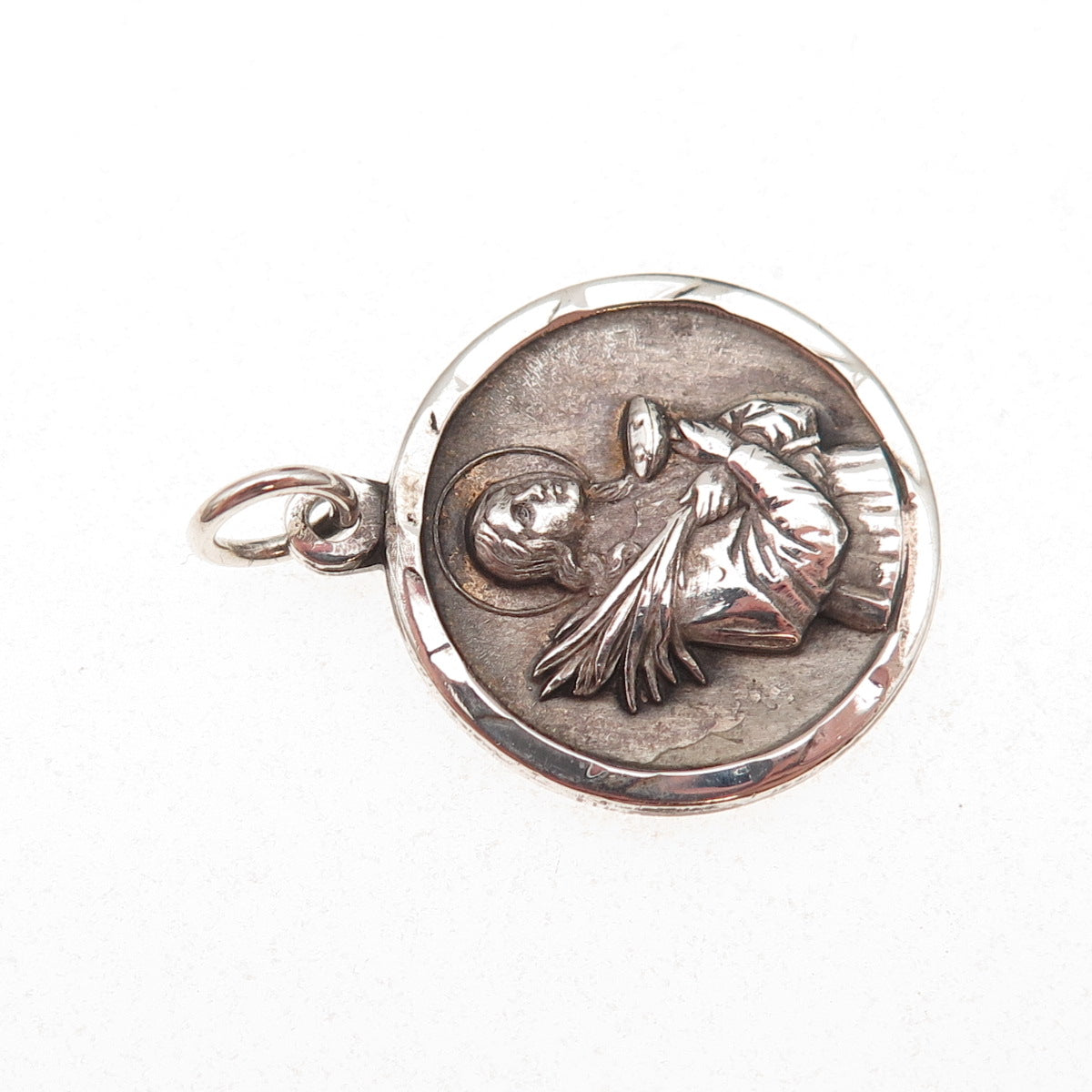 925 Sterling Silver Antique Art Deco St. Lucy Religious Medal Oxidized Pendant