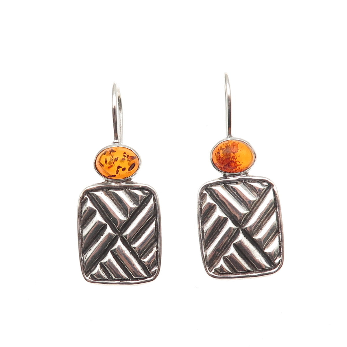 925 Sterling Silver Vintage Real Amber Modernist Oxidized Earrings