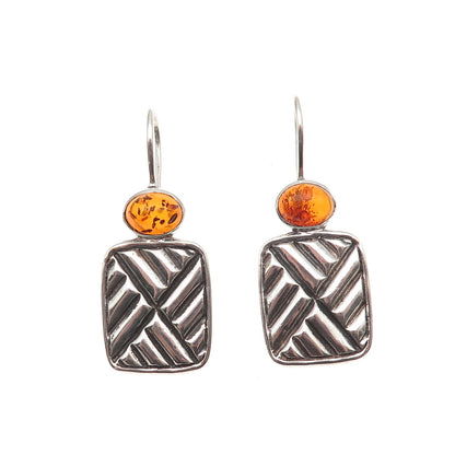 925 Sterling Silver Vintage Real Amber Modernist Oxidized Earrings