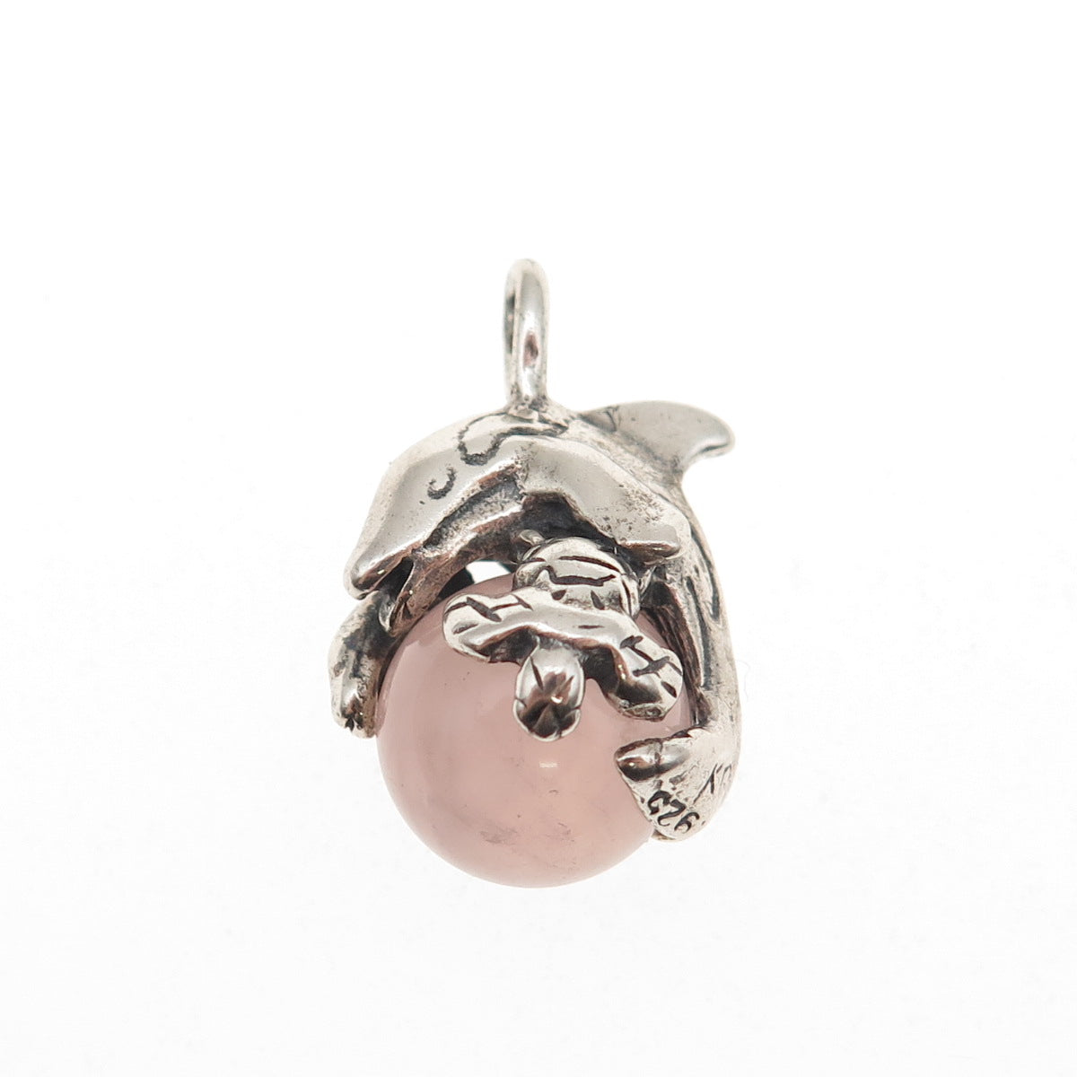 925 Sterling Silver Vintage Real Rose Quartz Dolphin Oxidized Charm Pendant