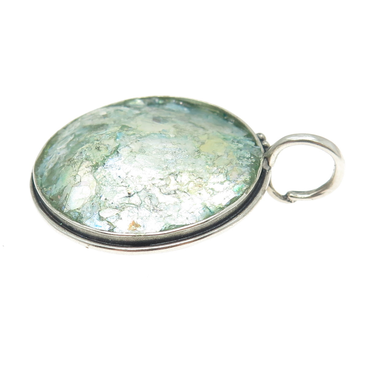 925 Sterling Silver Vintage Roman Glass Modernist Round Pendant