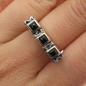 925 Sterling Silver 14K Gold Vintage Real Black Onyx Modernist Ring Size 7