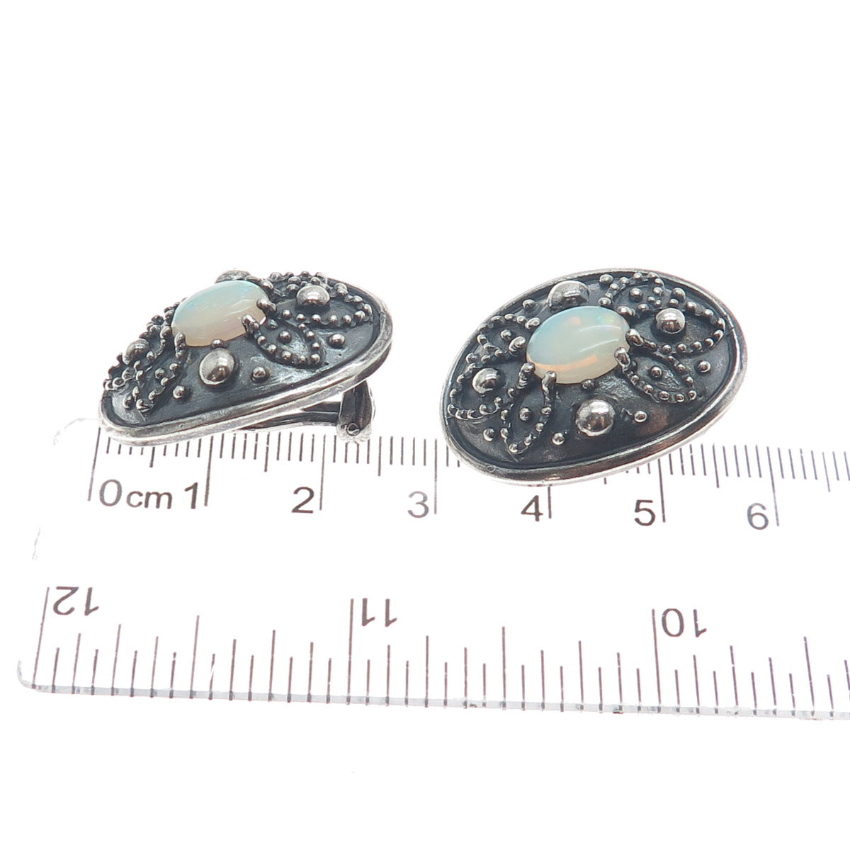 925 Sterling Silver Vintage Real Opal Granulated Oxidized Clip On Earrings