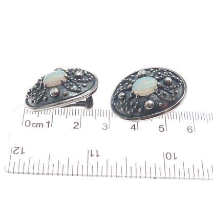 925 Sterling Silver Vintage Real Opal Granulated Oxidized Clip On Earrings