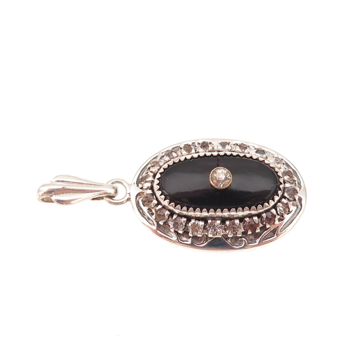 Martelli 925 Sterling Silver Antique Art Deco Real Black Onyx Rhinestone Pendant