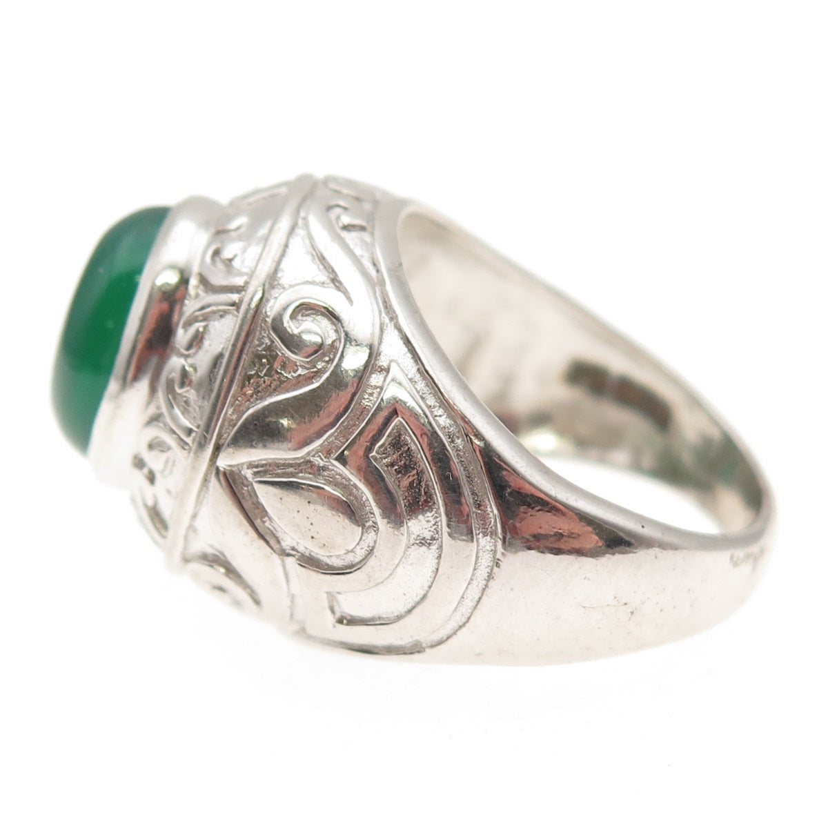 925 Sterling Silver Real Green Agate Floral Scroll Ring Size 7.75