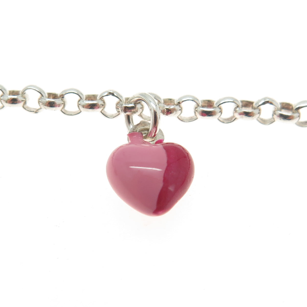 925 Sterling Silver Italy Enamel Heart Charm Rolo Link Bracelet 7"