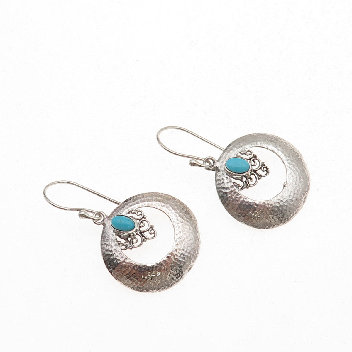 925 Sterling Silver Vintage Real Turquoise Crescent Hammered Dangle Earrings