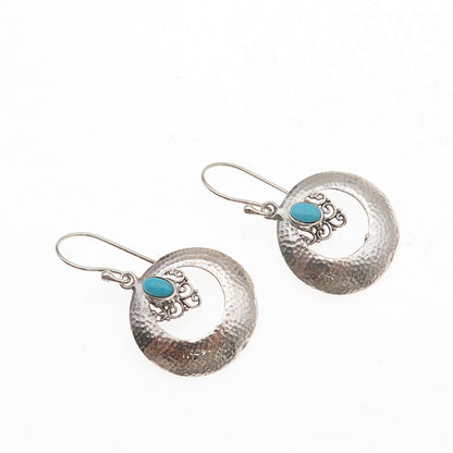 925 Sterling Silver Vintage Real Turquoise Crescent Hammered Dangle Earrings