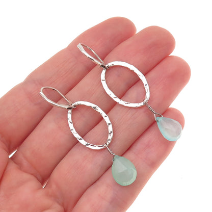 925 Sterling Silver Real Aquamarine Hammered Oval Dangle Earrings