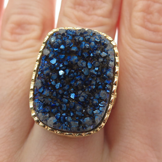 925 Sterling Silver Gold Plated Vintage Real Blue Druzy Ornate Ring Size 6.5