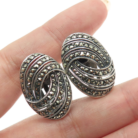 925 Sterling Silver Vintage Real Marcasite Gemstone Omega Back Earrings