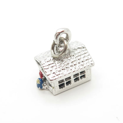 925 Sterling Silver Antique Art Deco Enamel Old House Charm Pendant