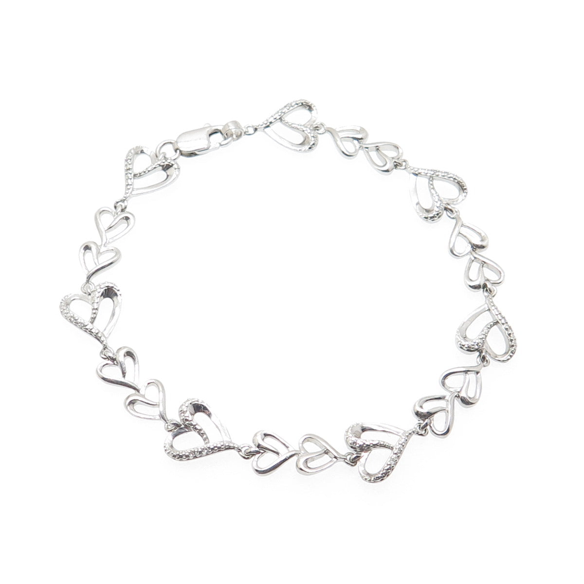 925 Sterling Silver Real Round-Cut Diamond Heart Link Bracelet 6.5"
