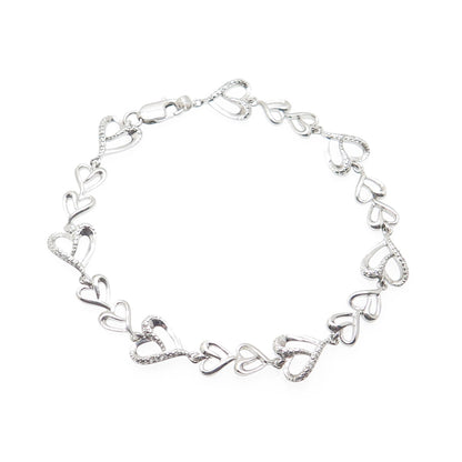 925 Sterling Silver Real Round-Cut Diamond Heart Link Bracelet 6.5"