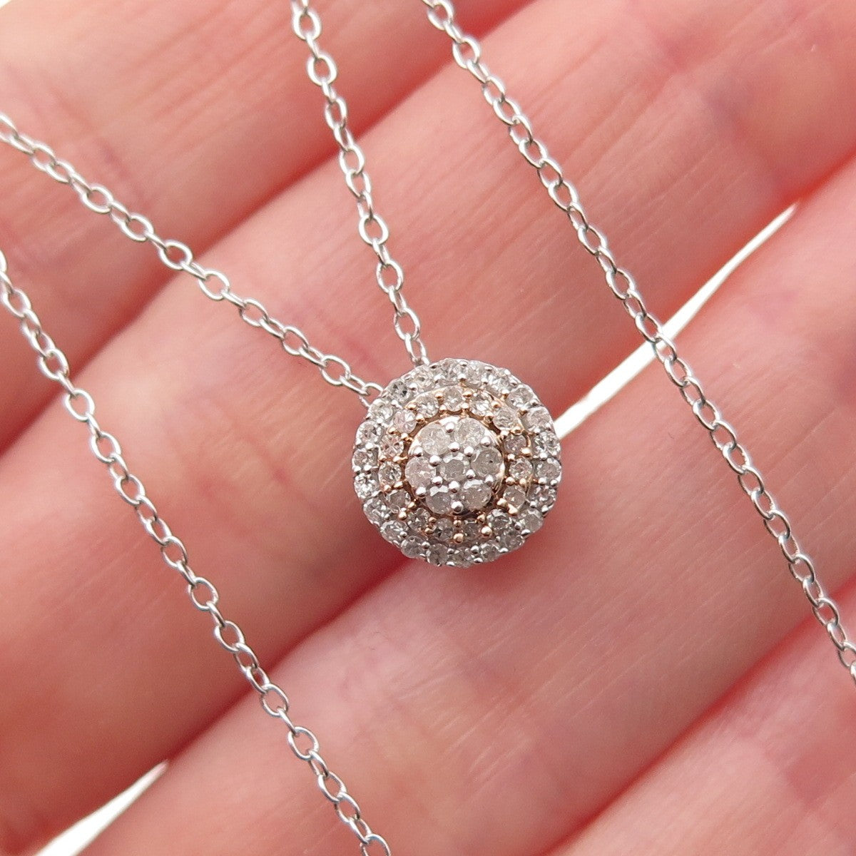 925 Sterling Silver 2-Tone Real Round-Cut Diamond Cable Chain Necklace 18"