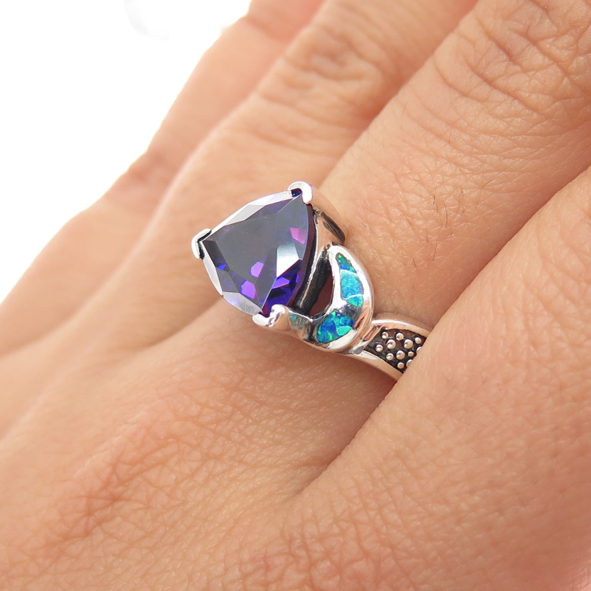 925 Sterling Silver Vintage Real Amethyst & Opal Ring Size 7.25